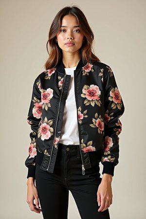 Veste bomber noir fleuri