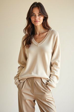 Pull col en V beige